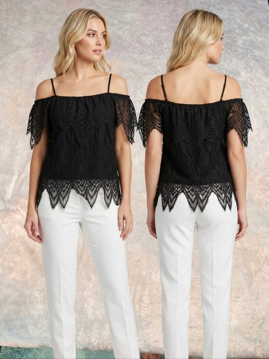 Tops - Black Lace Off-The-Shoulder Blouse Cami Strap Scalloped Hem Top Womens Large